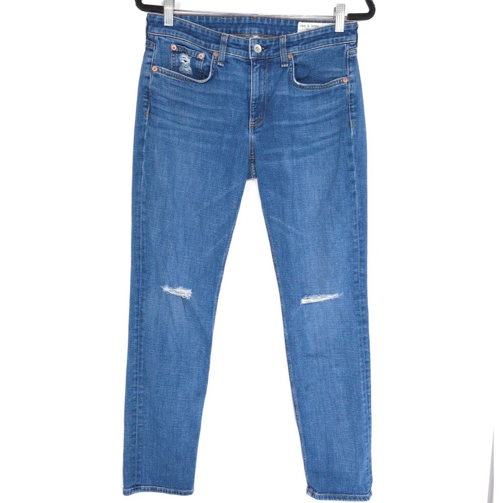 RAG & BONE Dre Low Rise Slim Boyfriend Jeans 27 Distressed Blue Stretch USA MADE